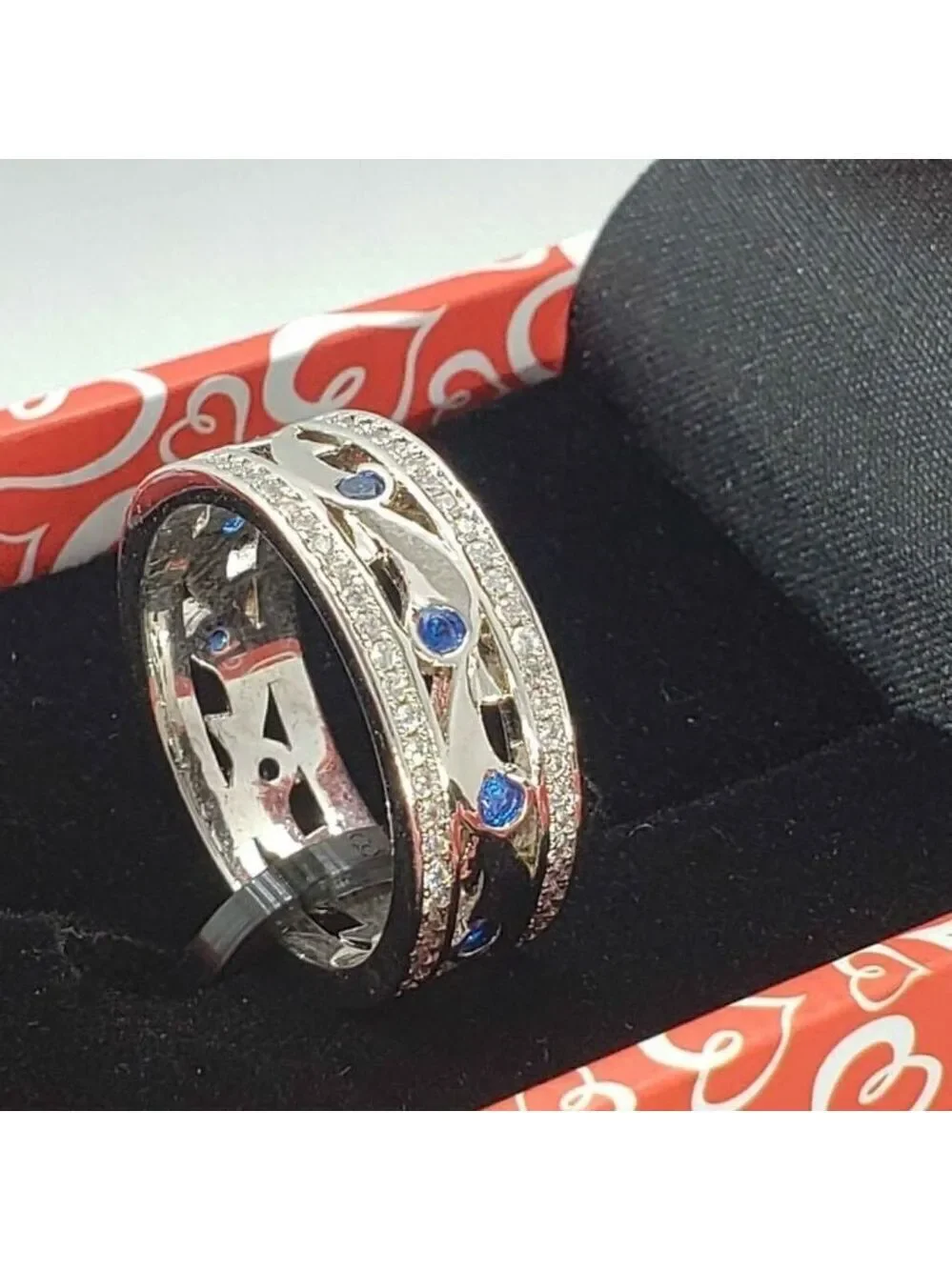Brand New 18k White Gold Plated ring w/ cubic zirconia stones & blue gemstones